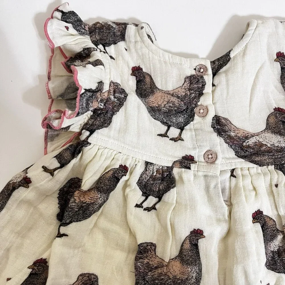 Pink Chicken Dress and Bloomers Set Chickens Print Gauze Girls Size 12-18 Months